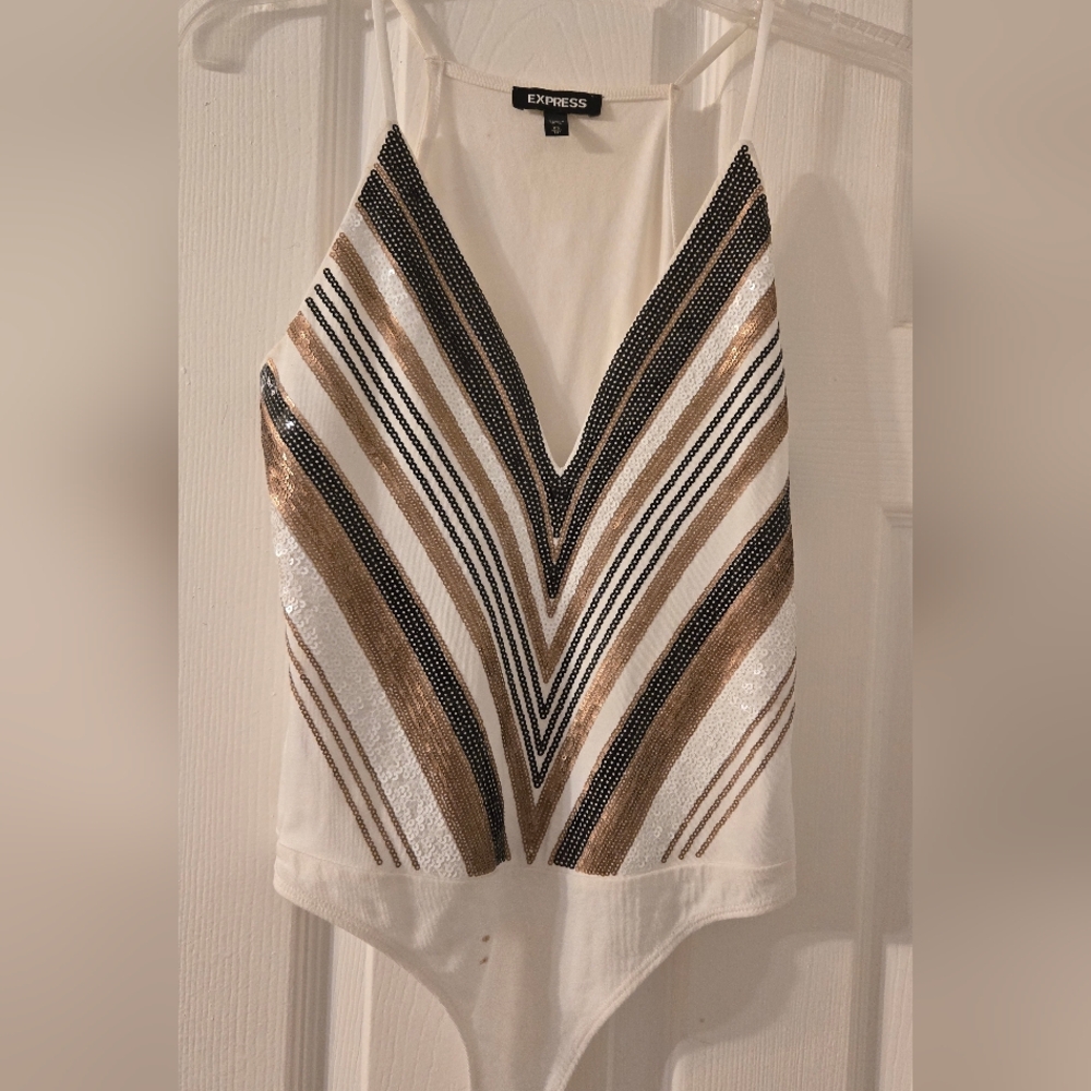Express V-Neck Bodysuit with Gold and Black Sequins